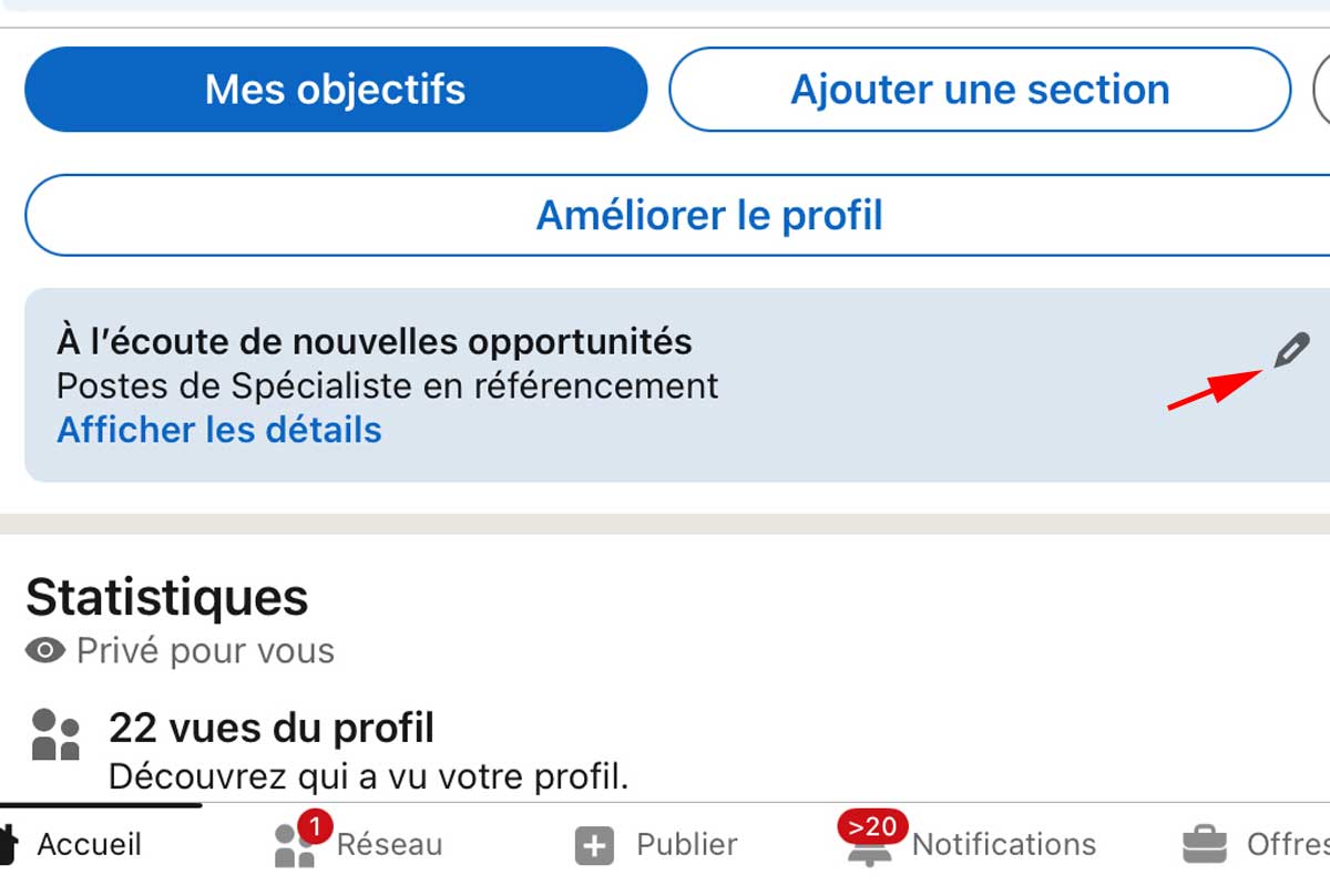 Suppression du badge open to work sur mobile