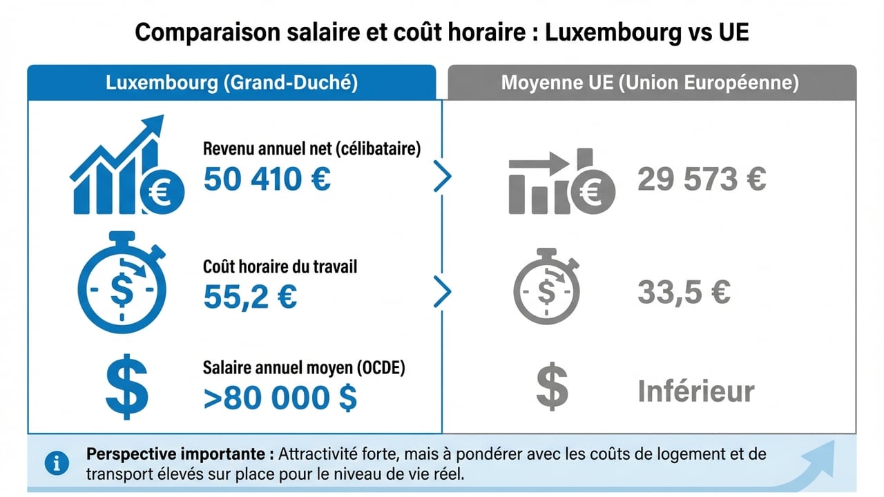 Graphique comparatif montrant le revenu annuel net moyen au Luxembourg (50 410 €) face à la moyenne de l'UE (29 573 €).