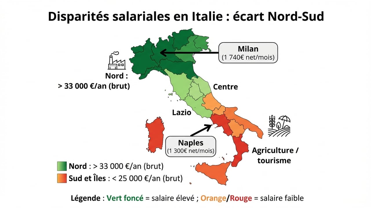 Carte thermique de l'Italie illustrant les disparités de revenus entre le Nord industriel (Lombardie) et le Sud (Campanie, Sicile).