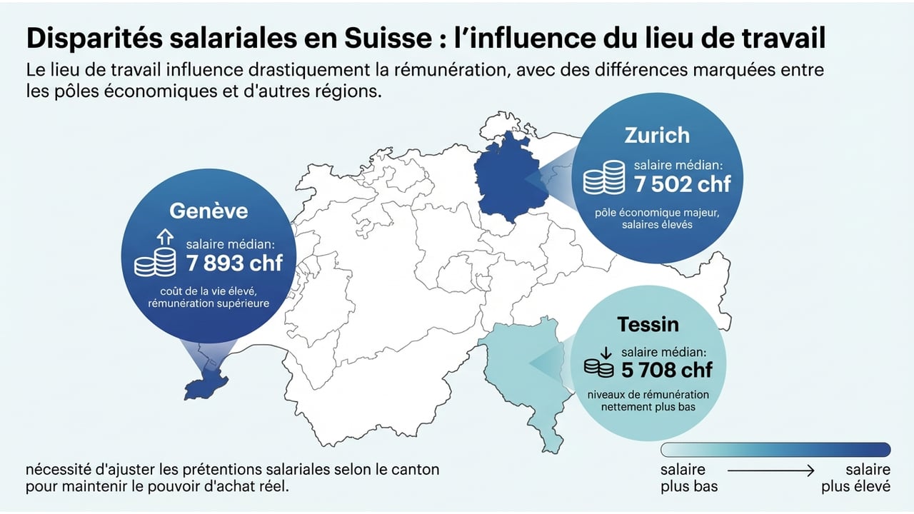 Carte de la Suisse colorée par niveaux de revenus mettant en avant Genève (7893 CHF), Zurich (7502 CHF) et le Tessin (5708 CHF).