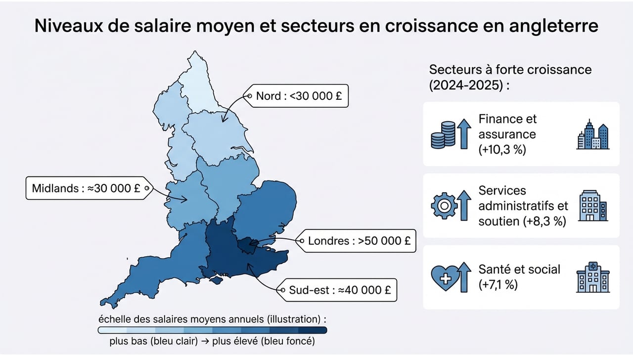 Carte de l'Angleterre colorée par zones géographiques montrant les disparités de salaires entre Londres (49 692 £) et le Nord-Est (34 403 £).