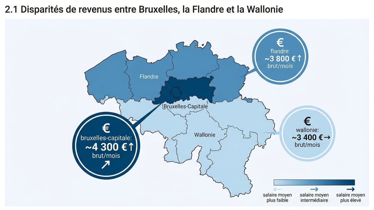 Carte de la Belgique colorée par niveau de rémunération : Bruxelles (3970€), Flandre (3508€), Wallonie (3270€) et Brabant Wallon (3650€).