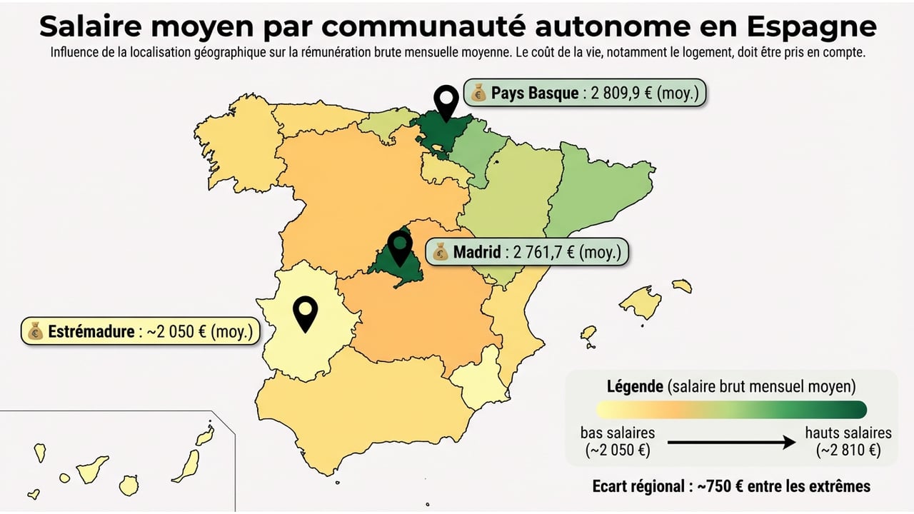 Carte thermique de l'Espagne affichant les écarts de salaires : zones foncées pour le Pays Basque et Madrid (>2700€), zones claires pour l'Estrémadure et les Canaries (<2150€).