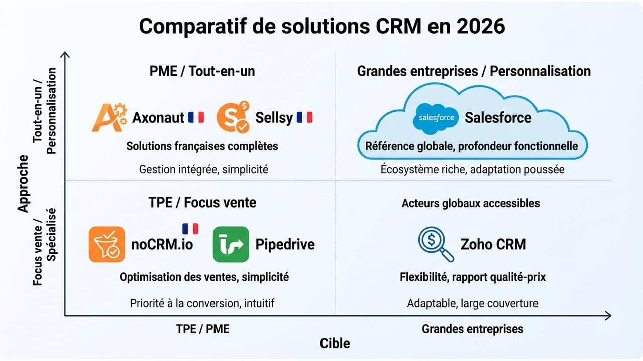 Graphique en quadrants plaçant les CRM selon deux axes : taille de l'entreprise (TPE à Grand Compte) et étendue fonctionnelle (Vente pure à Tout-en-un).