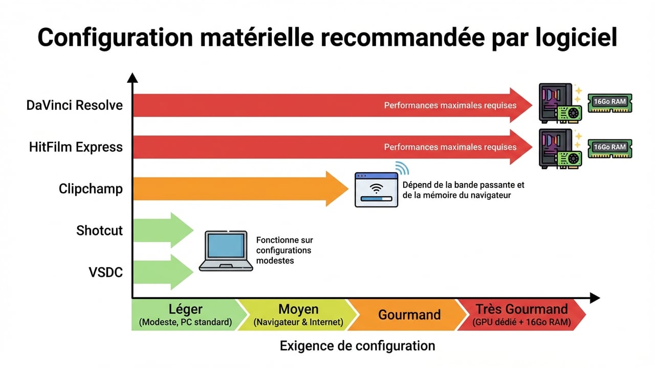 Graphique à barres comparant l'exigence en RAM et GPU pour faire tourner les logiciels de montage.