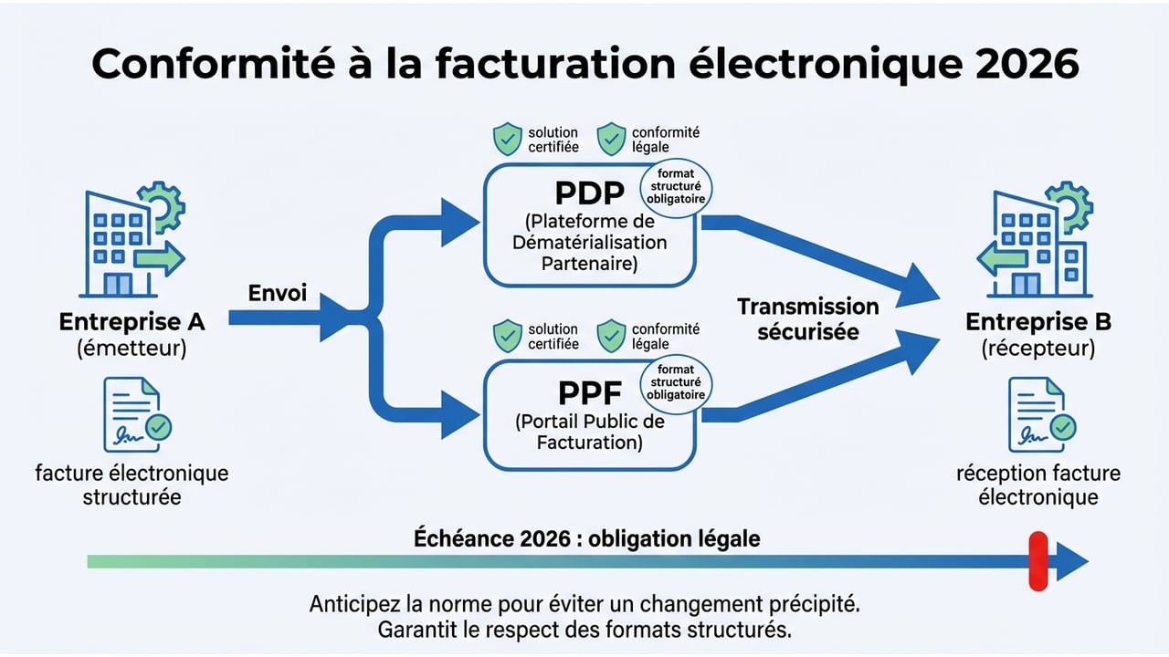 Infographie expliquant le rôle de la PDP et du PPF dans le nouveau circuit de facturation obligatoire.