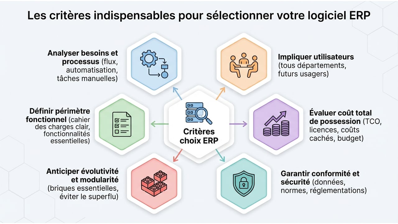 Infographie présentant les 6 critères clés : besoins métiers, TCO, modularité, intégration API, expérience utilisateur et conformité légale.