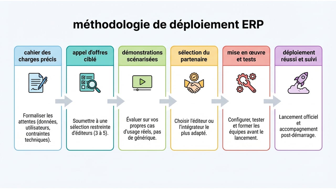 Diagramme de flux montrant les étapes chronologiques : Cahier des charges, Appel d'offres, POC, Déploiement et Mesure du ROI.