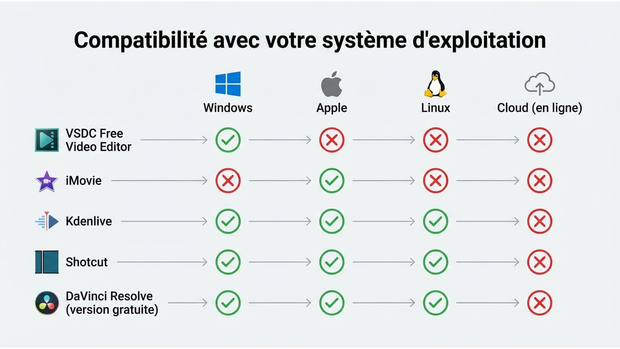 Tableau visuel montrant la disponibilité de chaque logiciel sur Windows, macOS, Linux et Web.
