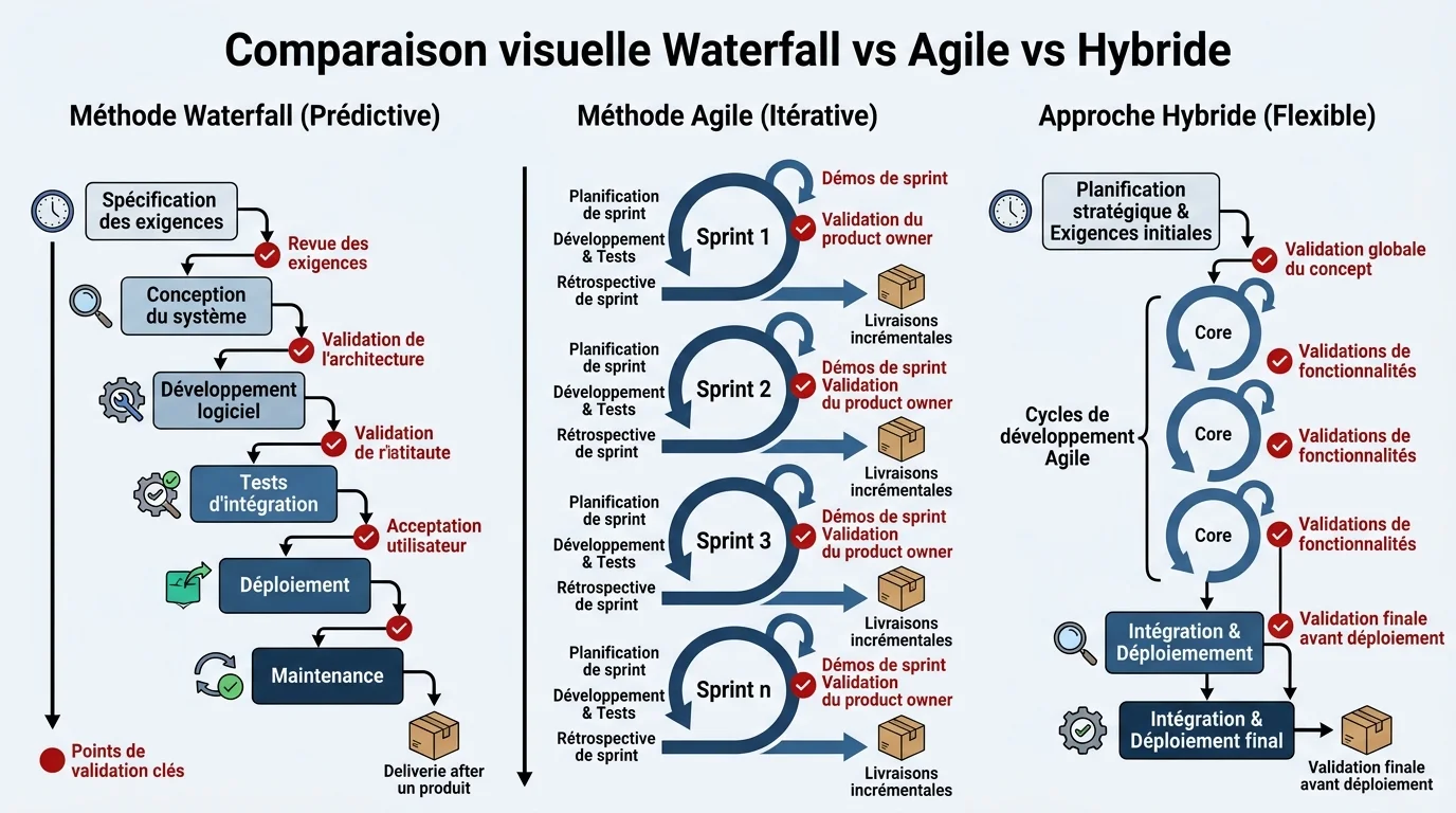 Comparaison visuelle Waterfall vs Agile vs Hybride