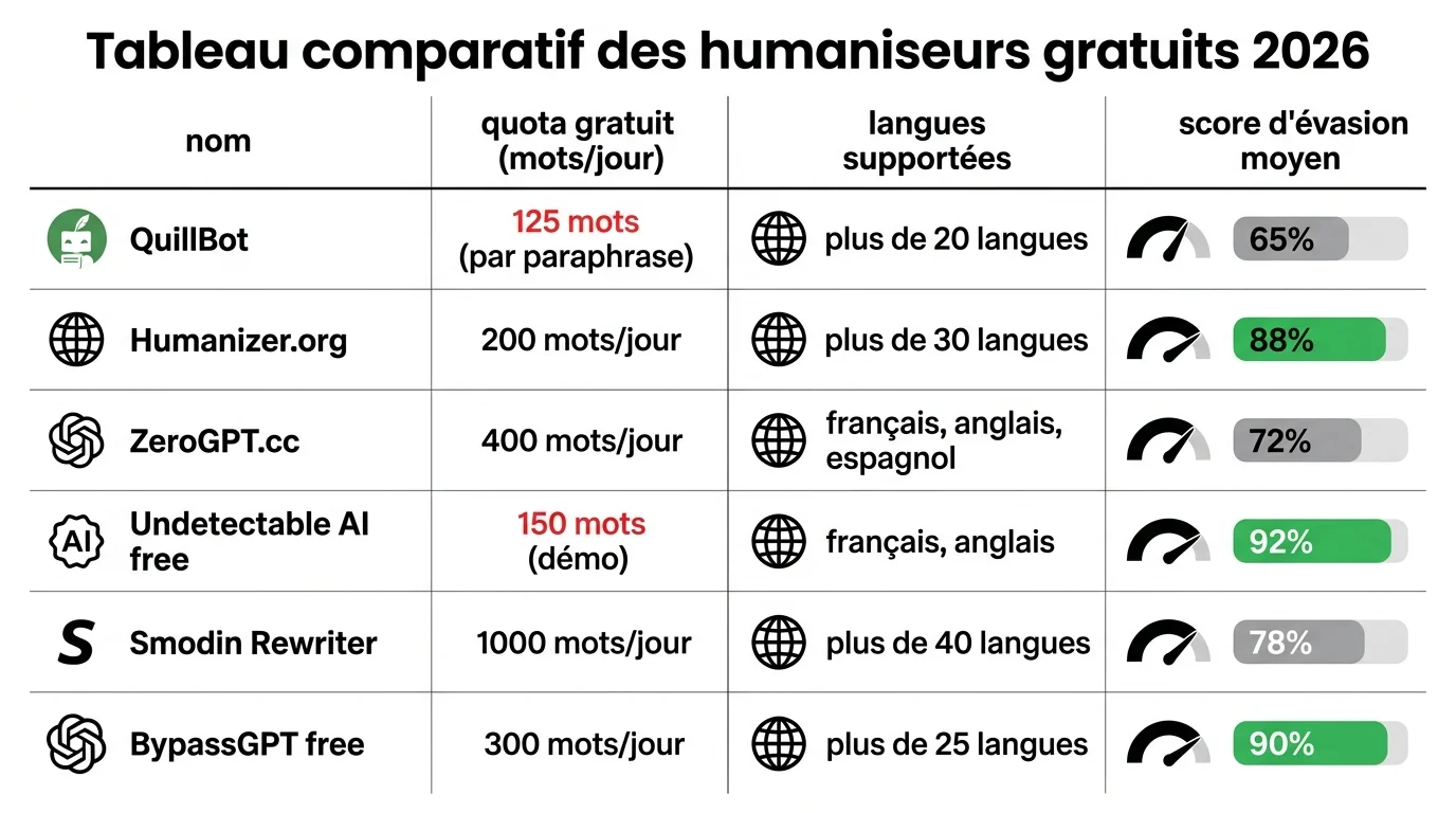 Tableau comparatif des humaniseurs gratuits 2026