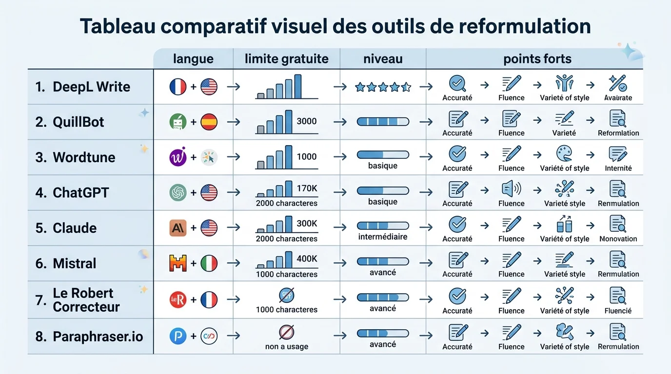 Tableau comparatif visuel des outils de reformulation