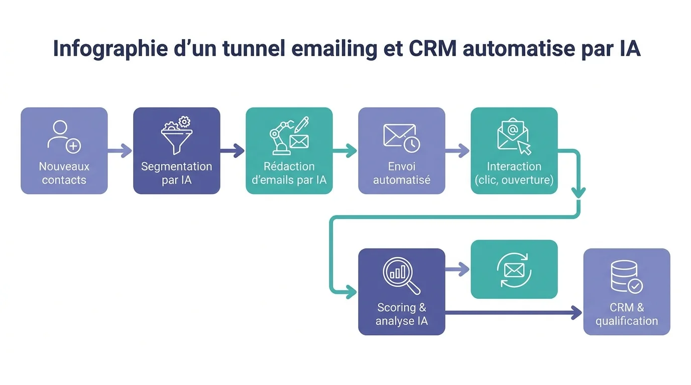 Infographie d'un tunnel emailing et CRM automatise par IA